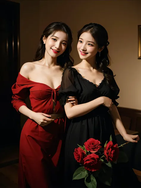 full body portrait ,fruits,Rose ,flower,Rosa,antique,A smile,,Sweet and seductive appearance.、Caravaggios paintings、Chiaroscuro of Caravaggio,Two women frolicking,Cute smile, Expression of ecstasy