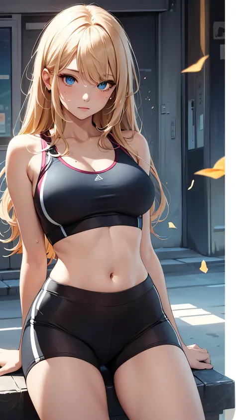 最high quality、best image quality、masterpiece、teenage girl((20-year-old、 By becoming、vest bust、medium bust,wide open breast tea、shining eyes, blonde hair、long hair、thin,highest valley、blue sports bra(1:2)、Blue sports pants、sweating、scattering of sweat、Flush...