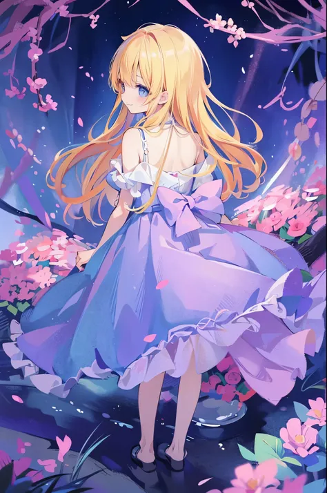 absurd, High resolution, (anime style:1.1),  ((highest quality)), (Super detailed), 12 year old girl、alice in wonderland、cute、blue ribbon on head、masterpiece、best image quality、alice in wonderlandのコスチューム、alice in wonderlandの背景、colorful long blonde hair、col...