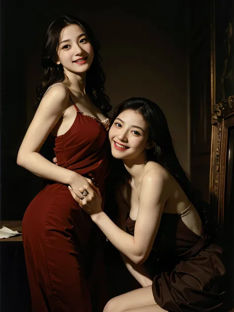 full body portrait ,fruits,Rose ,flower,Rosa,antique,A smile,,Sweet and seductive appearance.、Caravaggios paintings、Chiaroscuro of Caravaggio,Two women frolicking,Cute smile, Expression of ecstasy