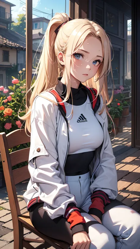 最high quality、best image quality、masterpiece、teenage girl((20-year-old、 By becoming、vest bust、medium bust,wide open breast tea、shining eyes, blonde hair、long hair、thin,highest valley、ponytail、white sports pants、white sports bra、sweating、scattering of sweat...