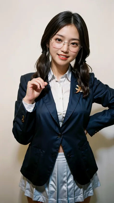 (highest quality、8k、32K、masterpiece、ticker:1.2)、photo of cute japanese woman、big and full breasts、low twintails、high school girl、、13 only、mini skirt、blazer、Upper body、surface focus、((uniform))、simple background、、looking at the viewer、glasses,smile(((big br...