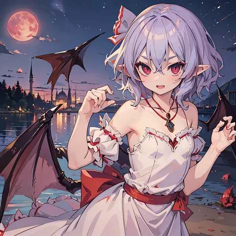 masterpiece, middle ages, lake, Red Moon, 1 girl, Upper body, , (small breasts), red eyes, (light blue hair), ((short hair)), wavy hair, cute eyes,((front)), ((((Remilia)))), dynamic pose, fang