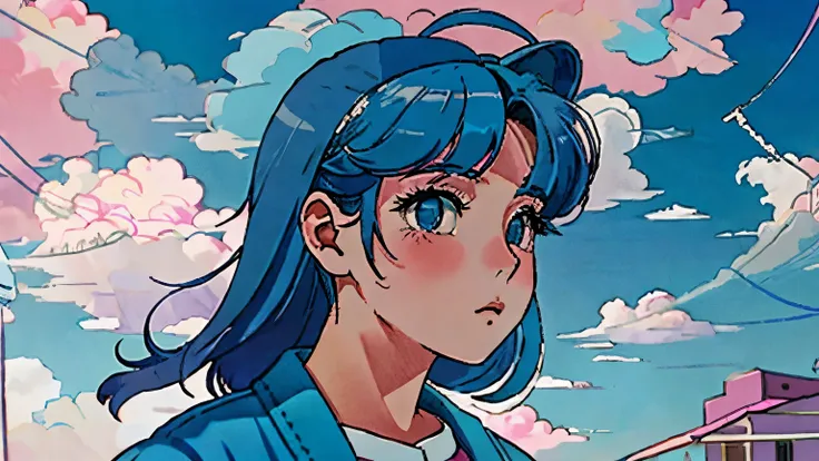 Close-up of a person with blue hair and pink jacket, lofi girl, Lofiatostyle, anime atmosphere, portrait of lofi, 80年代のanime atmosphere, lofi girl aesthetic, Lofiato, dreamy psychedelic anime, anime aesthetics, 9 0 s anime aesthetics, teal hair anime girl,...