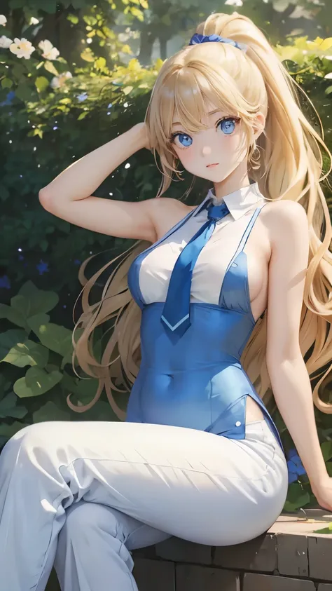 (masterpiece:1.2), (highest quality:1.2),, Curvy but slender body, perfect eyes, perfect face, perfect lighting, 1 girl, in the garden, （tie），（I can see your feet），（teacher），（long pants），（suit），（ponytail），curly hair, fine clothes, detailed outdoor backgrou...