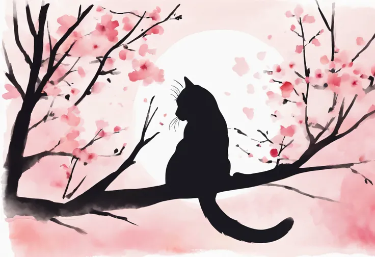 Sakura and cat silhouette、Simple line art illustration、minimalism