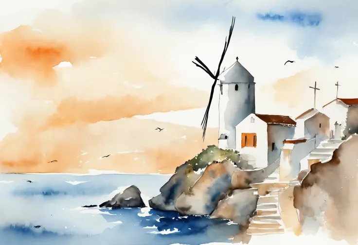 Greece summer sea and cat silhouette、white wall windmill and church、Simple line art illustration、minimalism