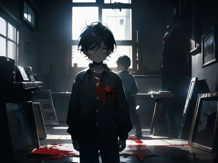 a boy，five-year-boy，alone，short hair，black hair，wearing shirt，holding a knife，indoors，Blood跡，Blood，dark style，dark filter