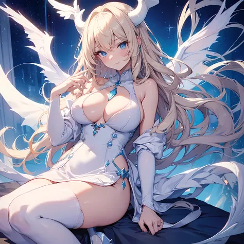 Sexy woman, big breasts, (white dragon horns), (white dragon wings, white dragon tail 1.2), looking at viewer, seductive dress, blonde hair, wavy hair, blue eyes, full body, high res, ultrasharp, 8K, masterpiece, female, diamond necklace, , blue navy long ...