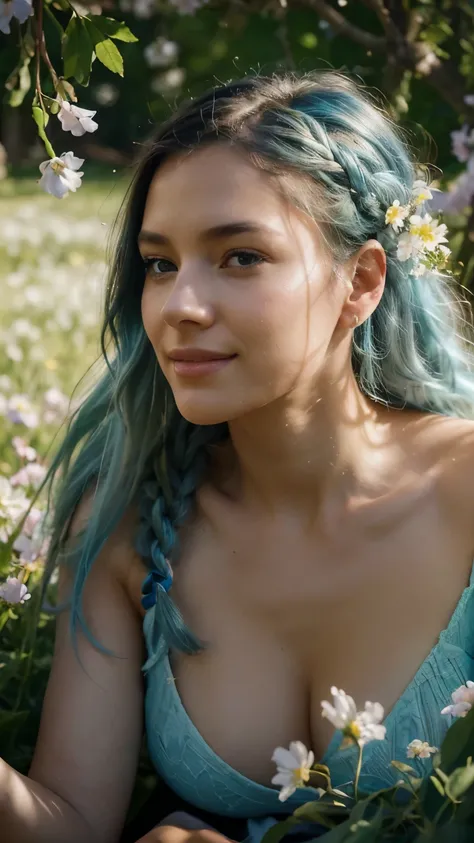  23 year old beautiful woman, happy smile, light blue hair, long braided hair, 1beautiful girl laying in a field of green plants and colourful flowers, surrounded by flowers, her hand under her chin, warm lighting, white dress, blurry foreground, spring, h...