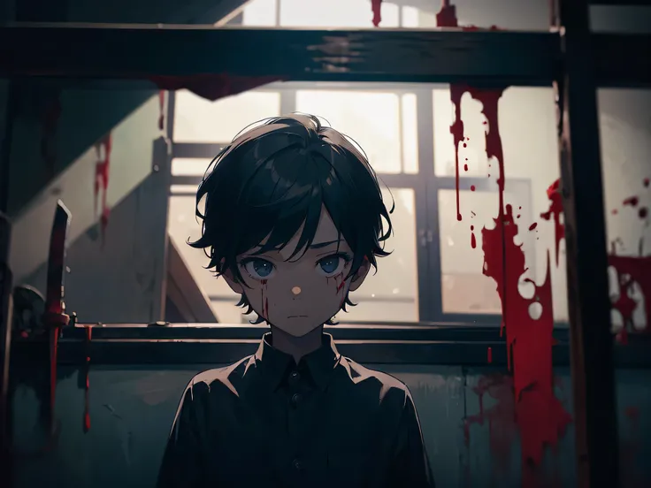 a boy，five-year-boy，alone，short hair，black hair，wearing shirt，holding a knife，indoors，blood跡，blood，dark style，dark filter