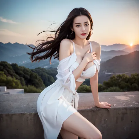 ((top quality、8k、​Masterpiece:1.3))、Extremely delicate and beautiful girl，full-body shot，huge breasts，bigger breasts，amazing breast size，H cup，pleated skirt，miniskirt，sunset，sunset。Wear big earrings，Very white skin，moist red lips，Waist is very thin，Thighs ...