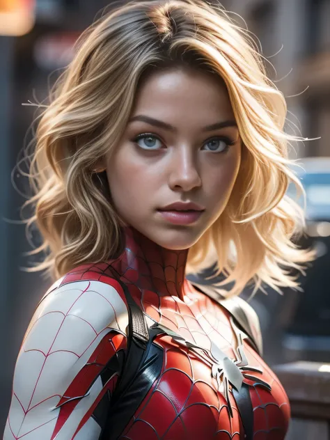 18yo Girl，White Spider-Man suit，short and wavy hair，blondehair，beautifulface，lluvia，teto，The Masterpiece，exquisite detailing，Perfect anatomy，best qulity，ultra-highresolution，4k
