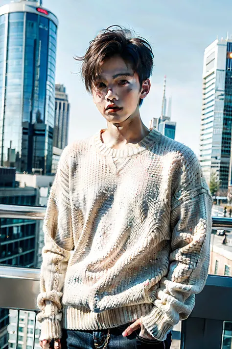 1boy,sweater,bad boy,city background,