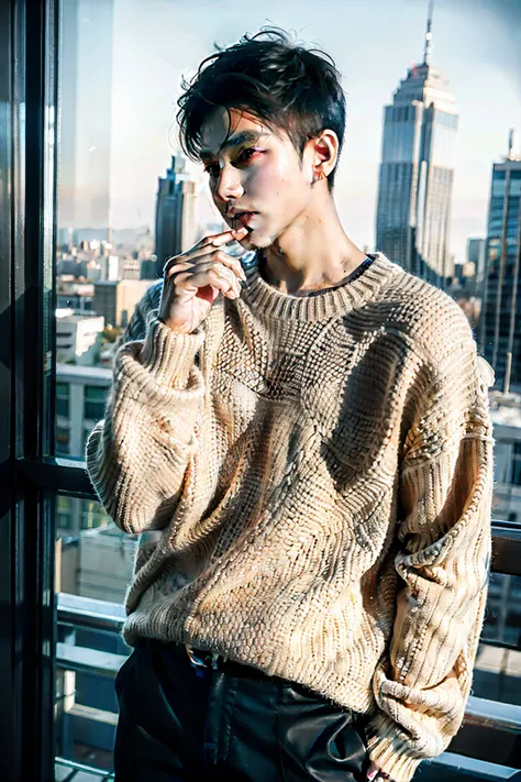 1boy,sweater,bad boy,city background,