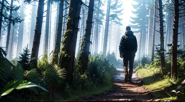 In the forest of Changbai Mountain，The light is dim，The muddy path extends deep into the forest，Surrounded by pine trees，Partial comics, a silhouette of a man, walking away from the camera 