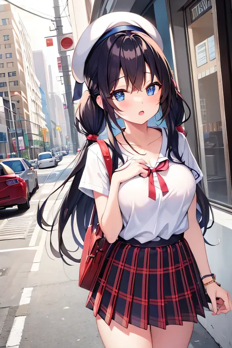 masterpiece、Highest image quality、ultra high resolution、teen schoolgirl with big tits、twin tail hairstyle、black hair、red face、mock、Open your mouth just a little、A white T-shirt that shows the cleavage of a teenage schoolgirl、casual  for teenage high school...