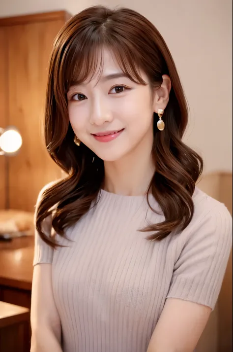 ((top-quality, 8K, masterpiece:1.3)), Beautiful 20 year old girl with perfect body shape, J-pop Idol Face, Slim Abs Beauty:1.3, (Hairstyles Brown Hair Shortcuts), dress:1.1, Super fine face, Delicate eyes, A smile with shame, Raw photo