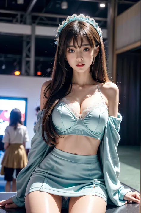 (Inside the Tokyo Anime Exhibition Hall:1.5), (1girll:1.6), Long hair, ulzzang-6500v1.1, (Source language: 1.2), (Realistic: 1.3), beautifuldetails, Extremely detailed eyes and face, Eyes with beautiful details, Absurd, unbelievable Ridiculous, hugefilesiz...