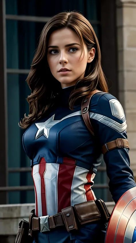une femme type européenne, brune, habillé en captain america, scenen cinema, super réaliste
