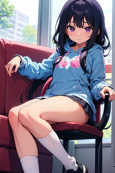 Inside the hamburger shop　elementary school girl　8-year-old　flat chest　black hair　long hair　eyes are purple　（（1 person））　Hooded hoodie with upper body pink　Lower body navy blue miniskirt　white panties　white socks　sports boots　daytime　Holding a hamburger wi...