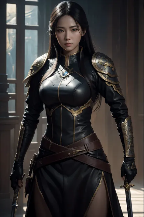 8K,A woman wearing leather clothes holds a sword, by Jan J., Artjam and Ati Gailan, Written by Ruan Jia and Stanley Artgerm, Artjam and Luan Jia, Chengwei Pan at Art Station, Written by Ren May, Written by Fan Chi, fan art best art station, beautiful chara...