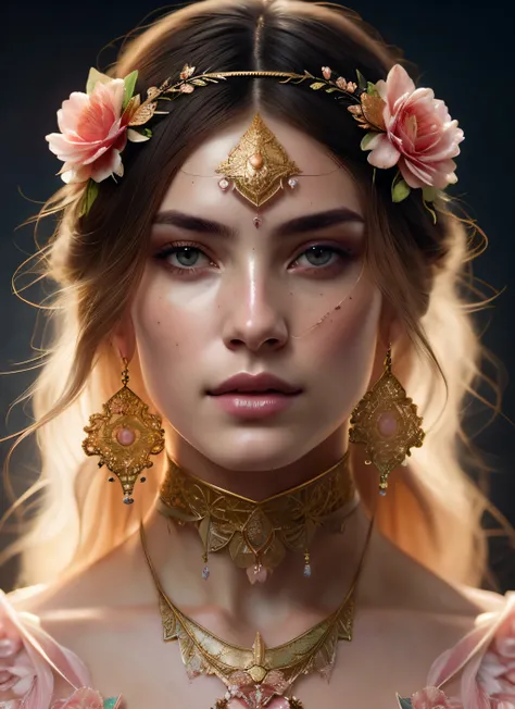 (symmetry:1.1) (portrait of floral:1.05) a woman as a beautiful goddess, (assassins creed style:0.8), pink and gold and opal color scheme, beautiful intricate filegrid facepaint, intricate, elegant, highly detailed, digital painting, artstation, concept ar...