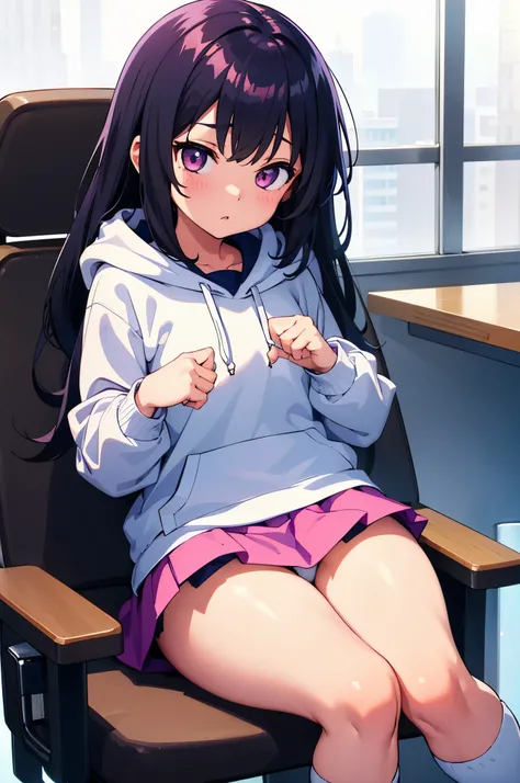 Inside the hamburger shop　elementary school girl　8-year-old　flat chest　black hair　long hair　eyes are purple　（（1 person））　Hooded hoodie with upper body pink　Lower body navy blue miniskirt　white panties　white socks　sports boots　daytime　Holding a hamburger wi...