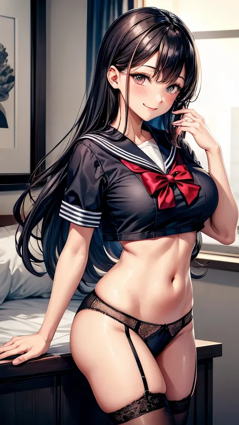 woman, wearing sailor uniform, black sexy lace pantie, showing pantie to viewer, teasing, playing, smiling