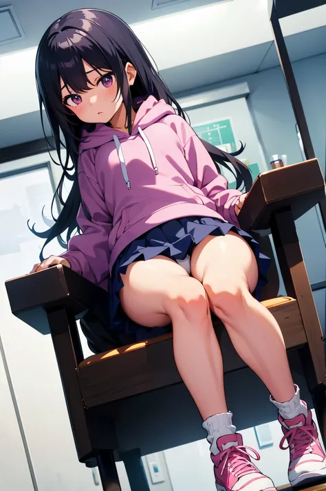 Inside the hamburger shop　elementary school girl　8-year-old　flat chest　black hair　long hair　eyes are purple　（（1 person））　Hooded hoodie with upper body pink　Lower body navy blue miniskirt　white panties　white socks　sports boots　daytime　Holding a hamburger wi...