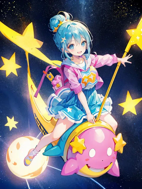 girl,(Riding on a star-shaped vehicle),(A happy smile),(colorful and pop clothes),(A hairstyle that looks like a bun),