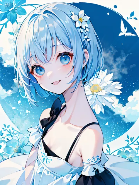 1 female、bob、blue hair、blue eyes、white clothes、black cami dress、upper body、detailed design、smile、cute、looking at the viewer、marg...