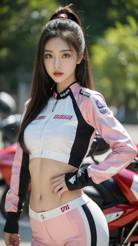 1 sister，wear a tight pink and white racing suit，从头到big腿，hold the handlebars of your motorcycle，(riding a motorcycle:1.2)，navel，...