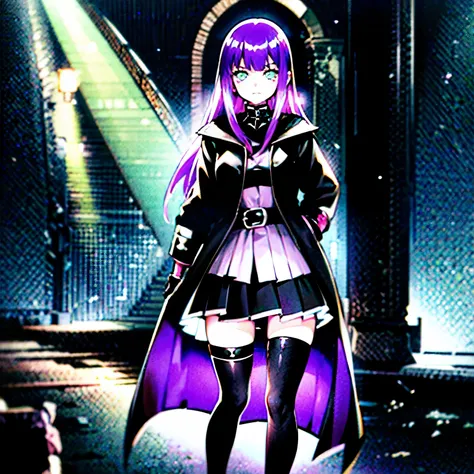 color photo of a young woman with long, light purple hair, beautiful light green eyes, around 20 years old. She is wearing a black coat, a deep purple Gothic skirt, black gloves, black knee-high stockings, and deep red Mary Jane shoes. The photo has an ani...