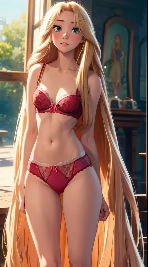 rapunzel with very long blonde hair, red posing sexy in bra and panties, wide in the back, small waist, slim body, long legs