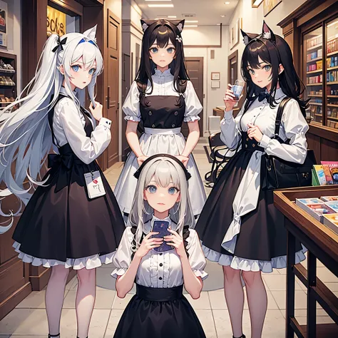 three or four maids, One of them is holding a gray cat, The mature and charming boss is in the middle, Board game store entrance, UHD, masterpiece, super detail, high quality, best quality, highres, HD, 4K