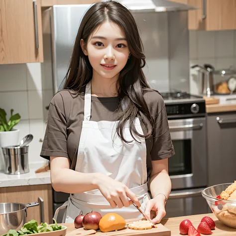 (A masterpie、beste Quality、ultra realisic、flawless anatomy、Symmetrical limbs、Five fingers of a person、Beautiful Korean Woman、goddess of Japan、Big Chest、Double eyelids、Lustrous skin、Arms straight down)、Woman posing in kitchen wearing apron、Beautiful Asian W...