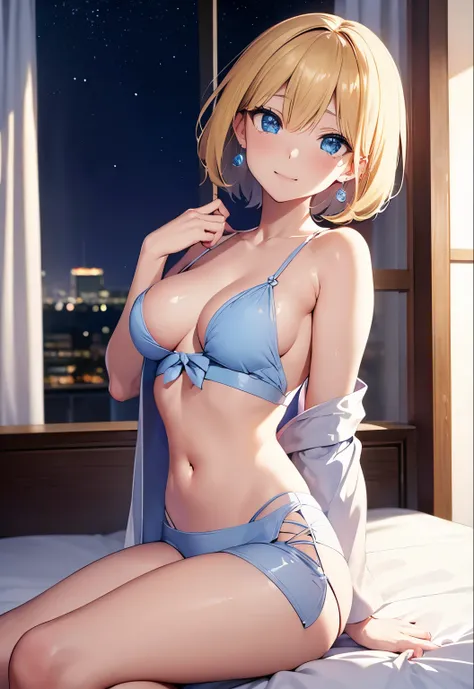 High resolution, 2D anime style,,blue eyes beautiful eyes,high and beautiful nose,thin face,blonde boyish short hair,cool woman,beautiful earrings,beautiful clock,Chest is slightly larger,she looks very sleepy,she is crying a little,biting one&#39;s lips,b...