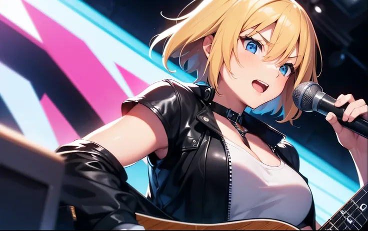 High resolution, 2D anime style,,blue eyes beautiful eyes,high and beautiful nose,thin face,blonde boyish short hair,cool adult woman,chest is a little big,She looks very happy,bite&#39;lips, she was very angry, she narrows her eyes,Punk fashion that shows...