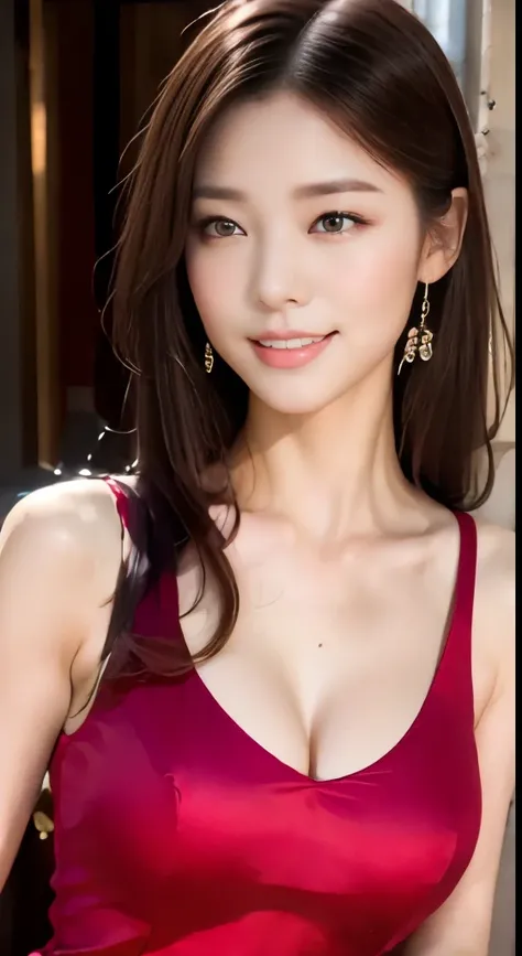 ((highest quality, 8k, masterpiece :1.3)), 1 girl, smile, whole body, slim face, Beautiful woman, (dark brown hair), red full length dress :1.1, super detailed face, fine eyes, double eyelid, blur background, slim face, city, outside, street,big breasts:1....