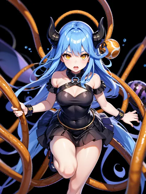 1girl, solo, siren_(AL), rigging, tentacles, blue hair, yellow eyes, shackles, best quality, highest resolution, ultra detailed outfit