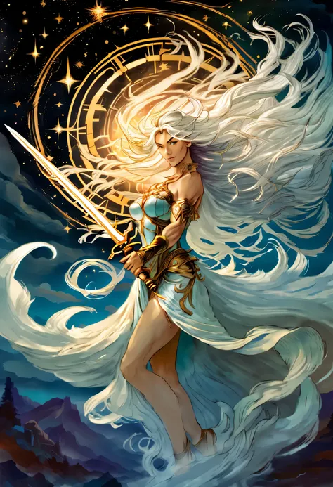 the main character is a celestial warrior who resembles a divine goddess, holding a ornament fantasy sword, white hair flowing a...