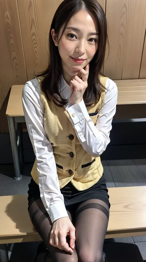 ulzzang-6500-v1.1, (RAW photo:1.2), (Photoreal), (muste piece), (genuine:1.4), １girl、perfect anatomy、48 years old、look at the camera、medium long hair、plaid vest、((sitting on the bench:1.3))、(Super realistic black sheer pantyhose:1.2), (high heels)、(busines...