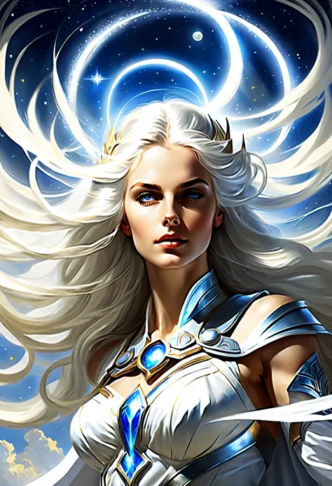 The main character is a celestial warrior who resembles a divine goddess, White hair flowing around her like a noble halo, Expressing her strength and beauty with intricate brush strokes, Brushstrokes exude strength and elegance, High quality illustrations...