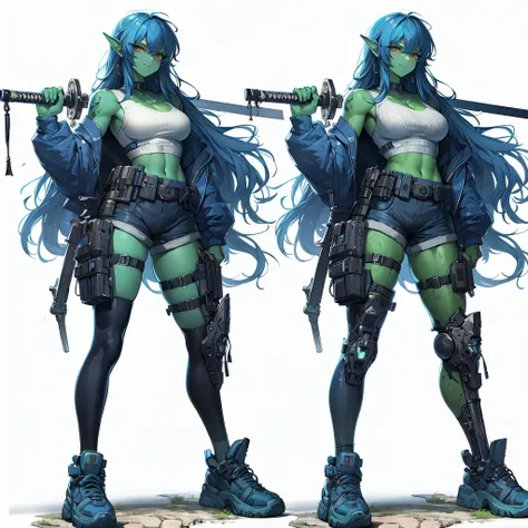 (Masterpiece, top quality), (detailed hair), ultra detailed, anime style, full body, solo, Cyberpunk orc girl, Muscular but feminine body shape, wearing a work uniform, night blue hair and yellow eyes, pale green skin, holds a sword in a scabbard, wears hi...