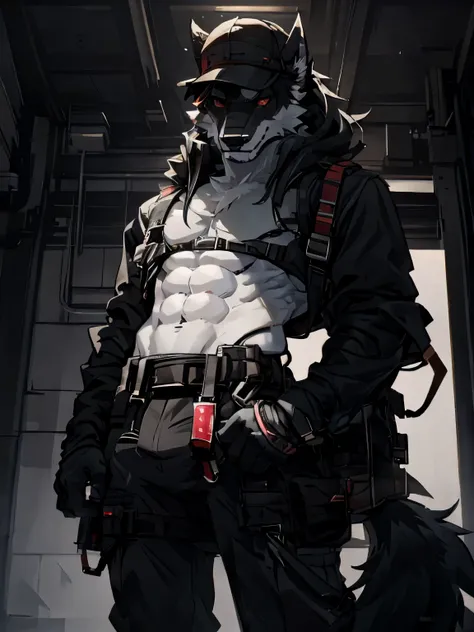 male, furry, wolf anthro, solo, white fur, red eyes, (Realistic eye details 1.2), hat on head, mafiawear, bare bottom, abs, Masterpiece, dramatic lighting, soft lighting, day, highly detail, Hair coiled