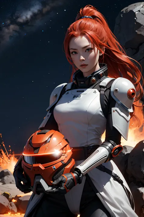 a futuristic redhead 1 girl dressing samurai armor, riding a space motorcycle across a desert in a lava planet with 2 stars. 4k,...