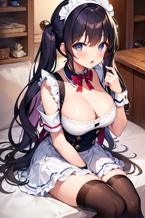 masterpiece、Highest image quality、ultra high resolution、teen schoolgirl with big tits、twin tail hairstyle、black hair、red face、mock、Open your mouth just a little、A white maid outfit that shows the cleavage of a teenage 、Maid headband for teenage schoolgirls...