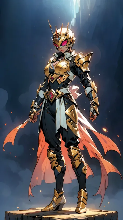 A woman adorned in fantasy-style full-body armor, a crown-concept fully enclosed helmet that unveils only her eyes, a composite layered chest plate, fully encompassing shoulder and hand guards, a lightweight waist armor, form-fitting shin guards, the overa...