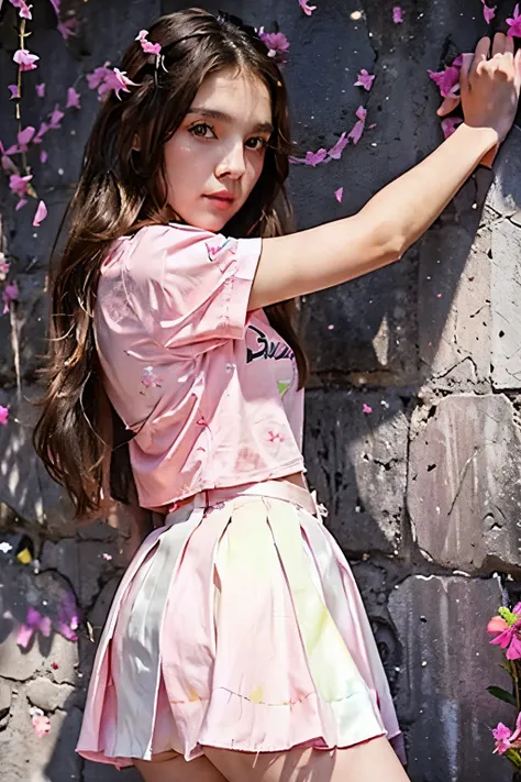 long brown hair down and a pink shirt with a white skirt black eyeliner and pink lips black background with bright rainbow flowe...